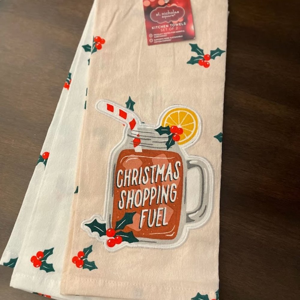 Holly and Shopping with Mason Jar Kitchen Towels, Set of 2, NWT